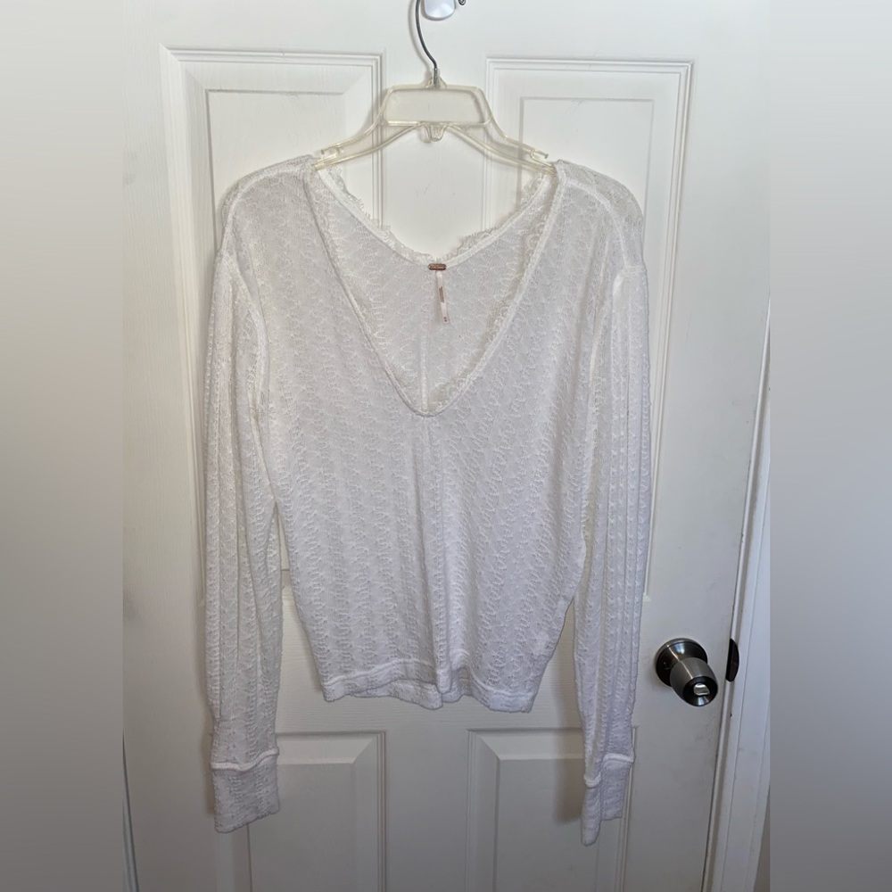 Free People White Textured Long Sleeve Top
